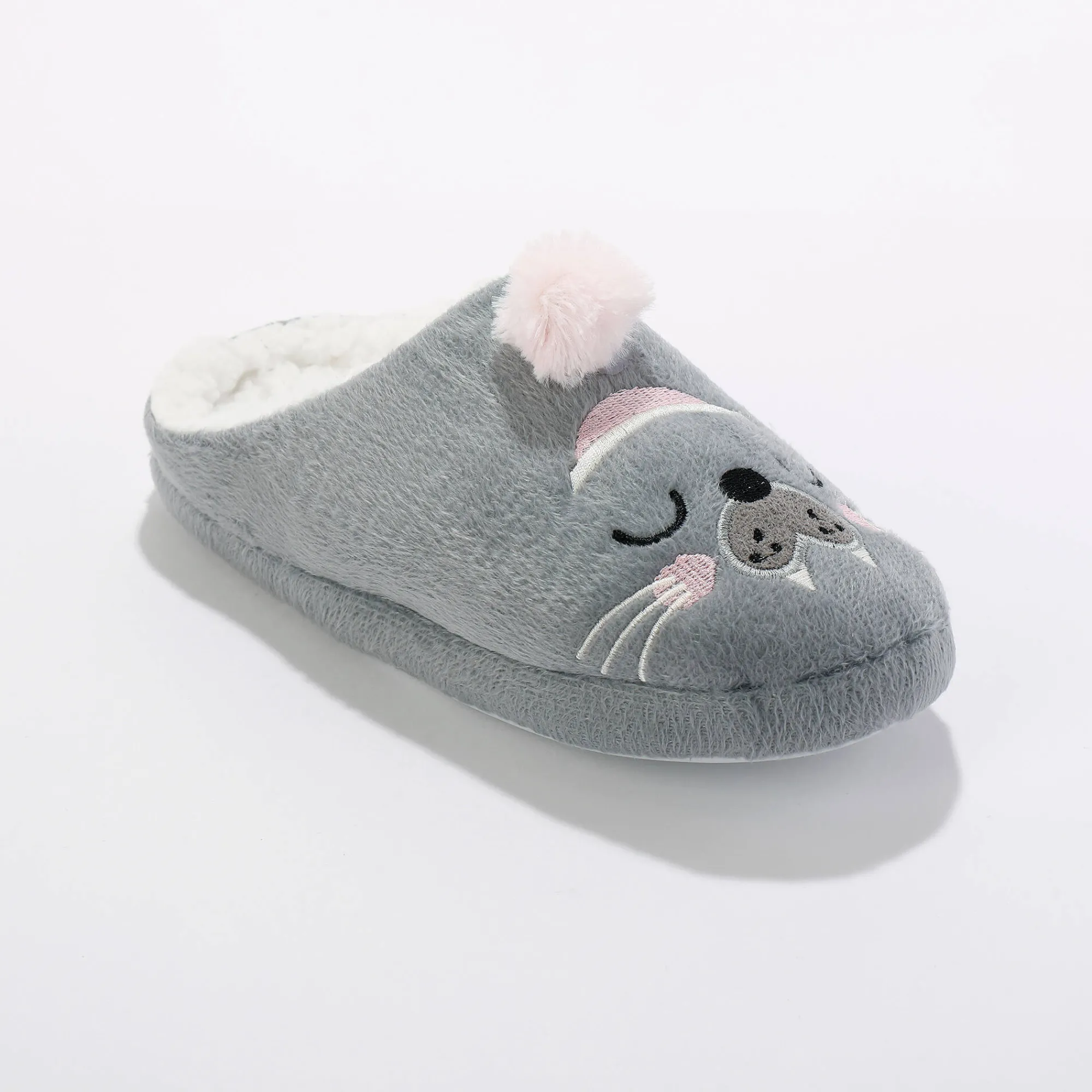 Sloffen|Sloffen<Blancheporte Pantoffels met pompon en zeeleeuwprint grijs