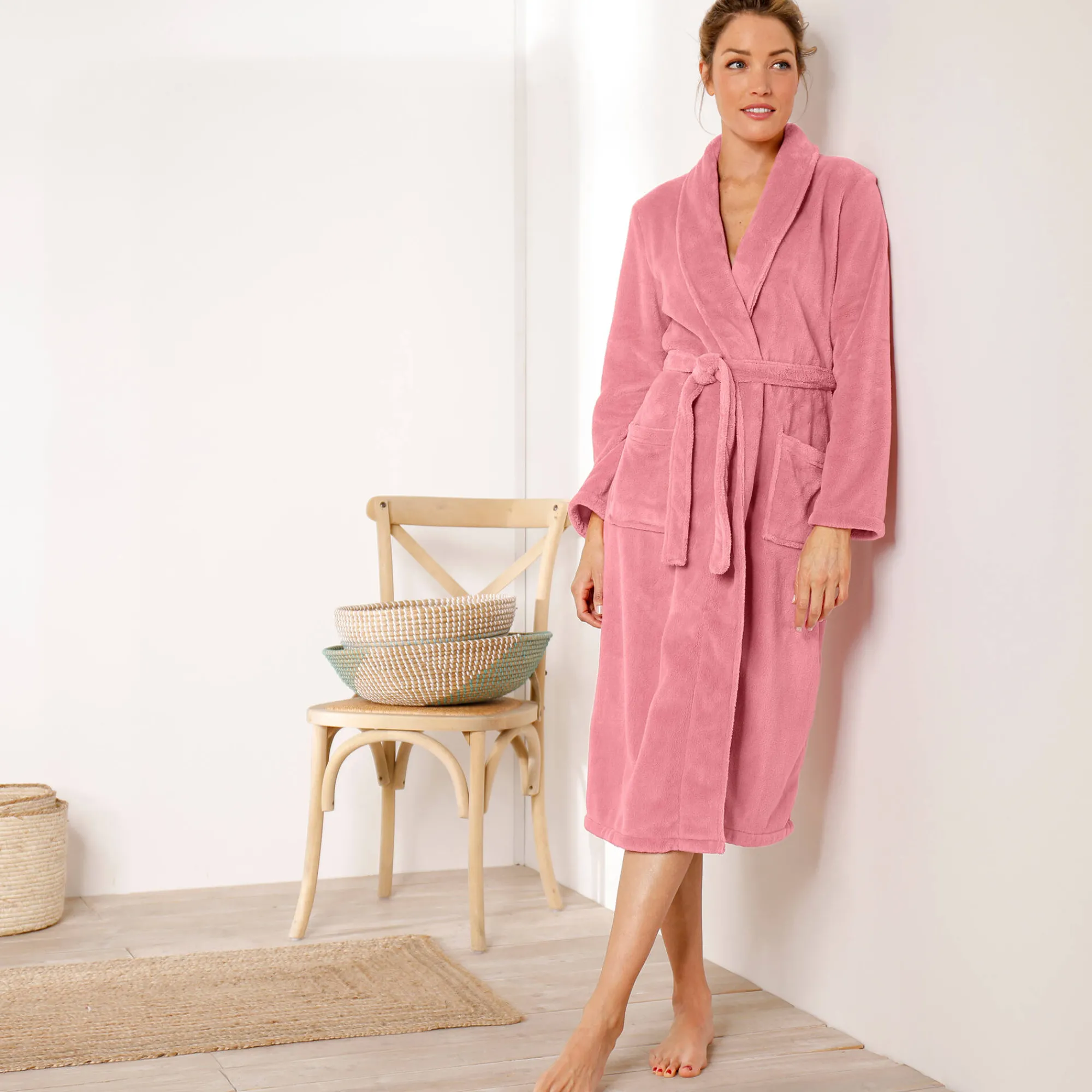 Peignoir En Kamerjas<Blancheporte Peignoir in fleece met pluchetouch - 115 cm lang, lange mouwen poederroze