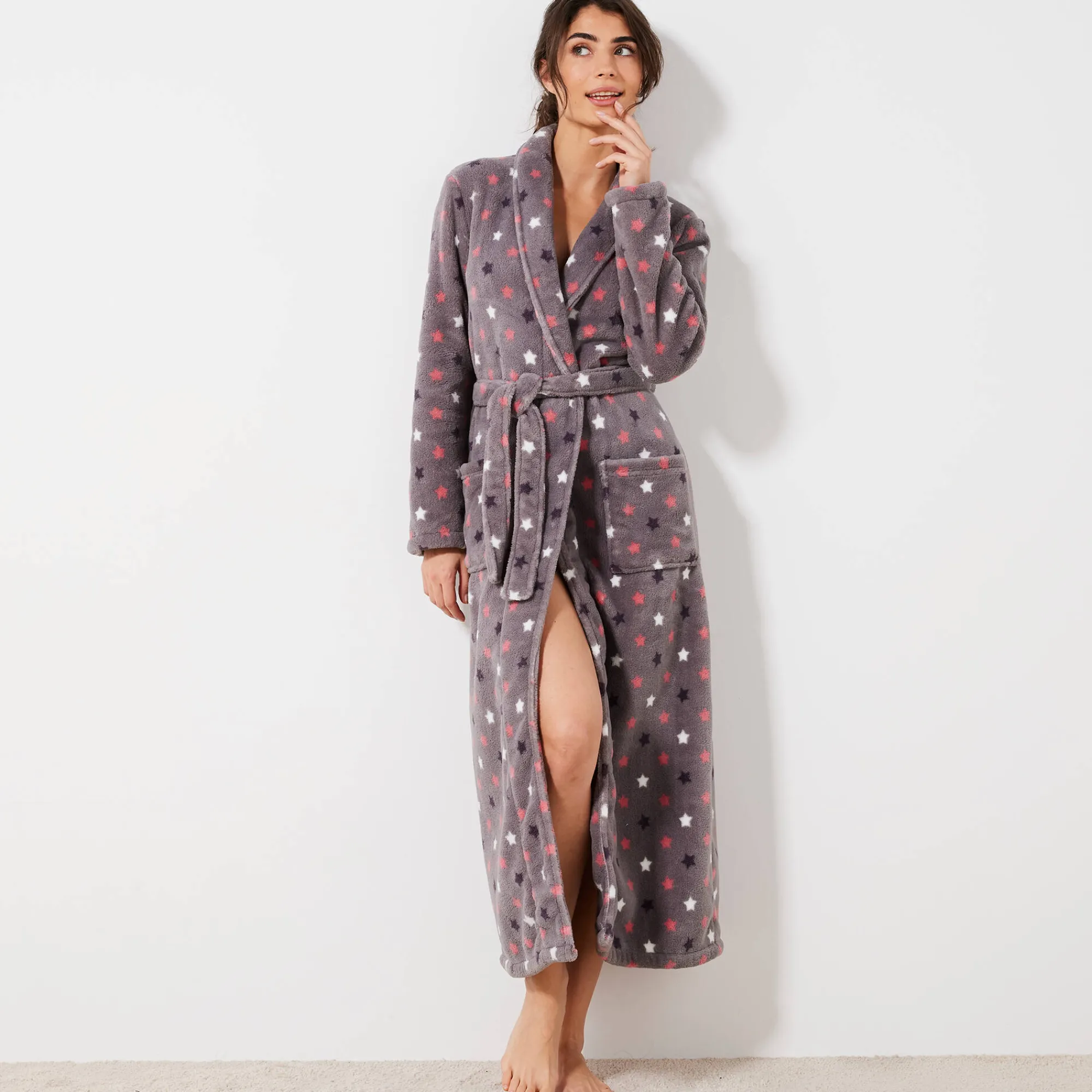Peignoir En Kamerjas<Blancheporte Peignoir in fleece met pluchetouch - 130 cm lang, lange mouwen grijs / roze