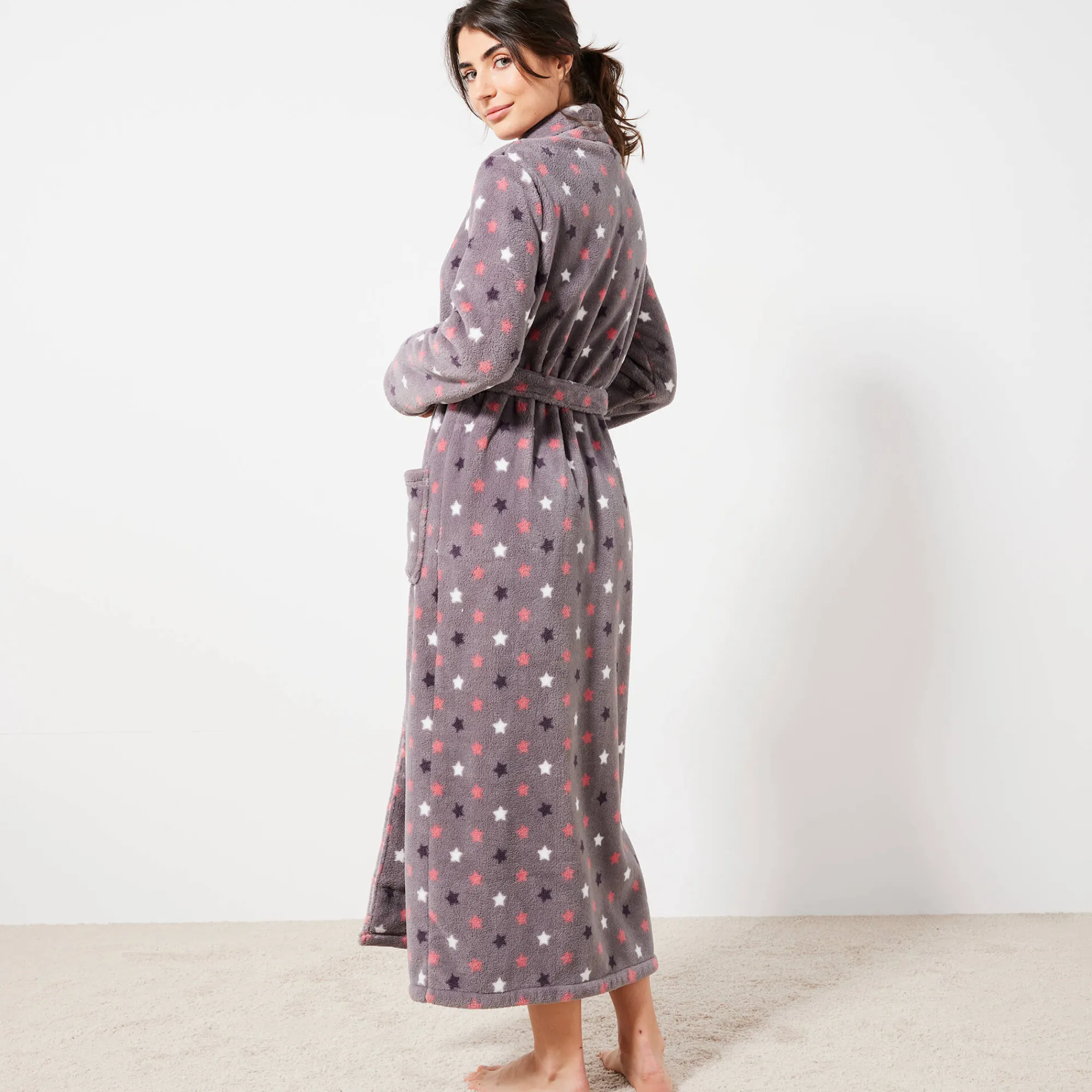 Peignoir En Kamerjas<Blancheporte Peignoir in fleece met pluchetouch - 130 cm lang, lange mouwen grijs / roze