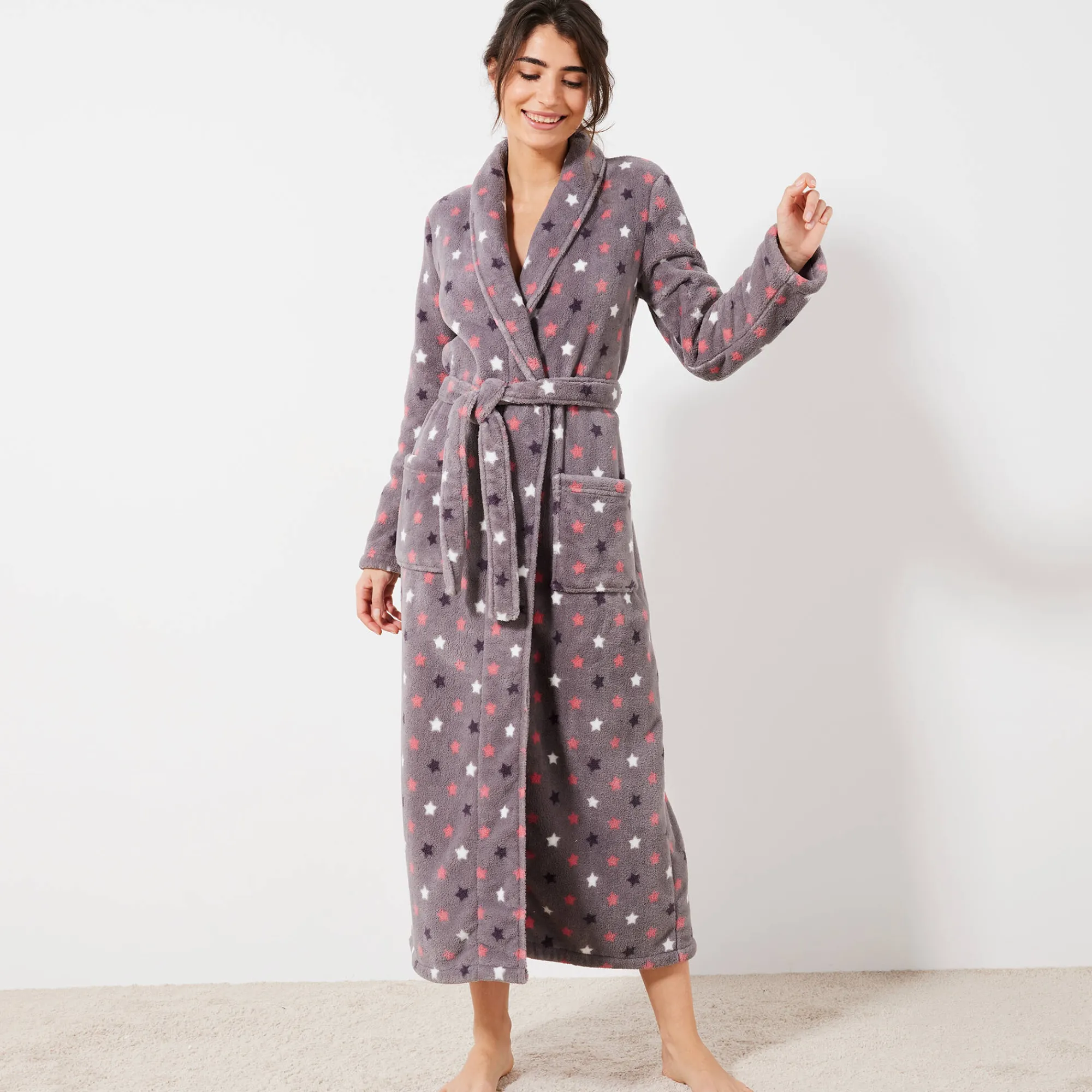 Peignoir En Kamerjas<Blancheporte Peignoir in fleece met pluchetouch - 130 cm lang, lange mouwen grijs / roze