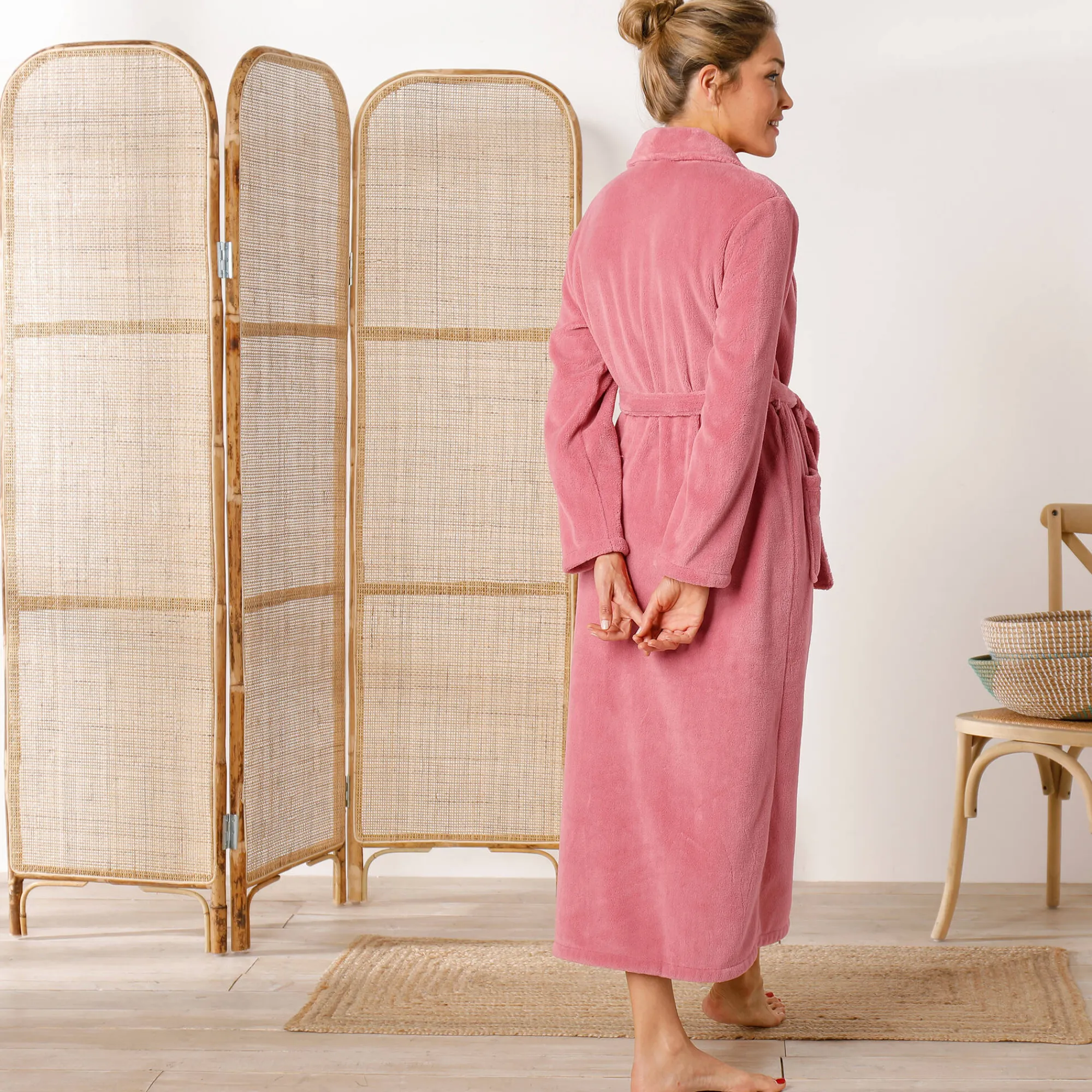 Peignoir En Kamerjas<Blancheporte Peignoir in fleece met pluchetouch - 130 cm lang, lange mouwen poederroze