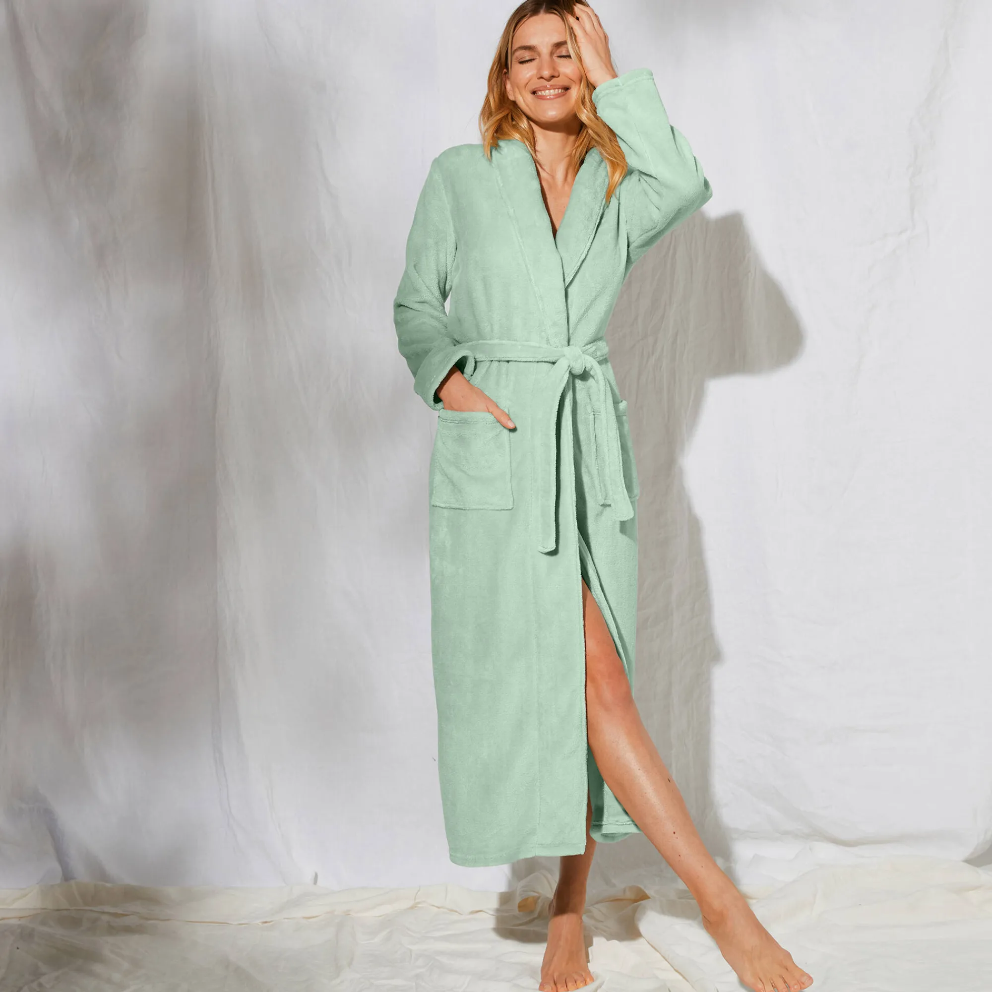 Peignoir En Kamerjas<Blancheporte Peignoir in fleece met pluchetouch - 130 cm lang, lange mouwen linde