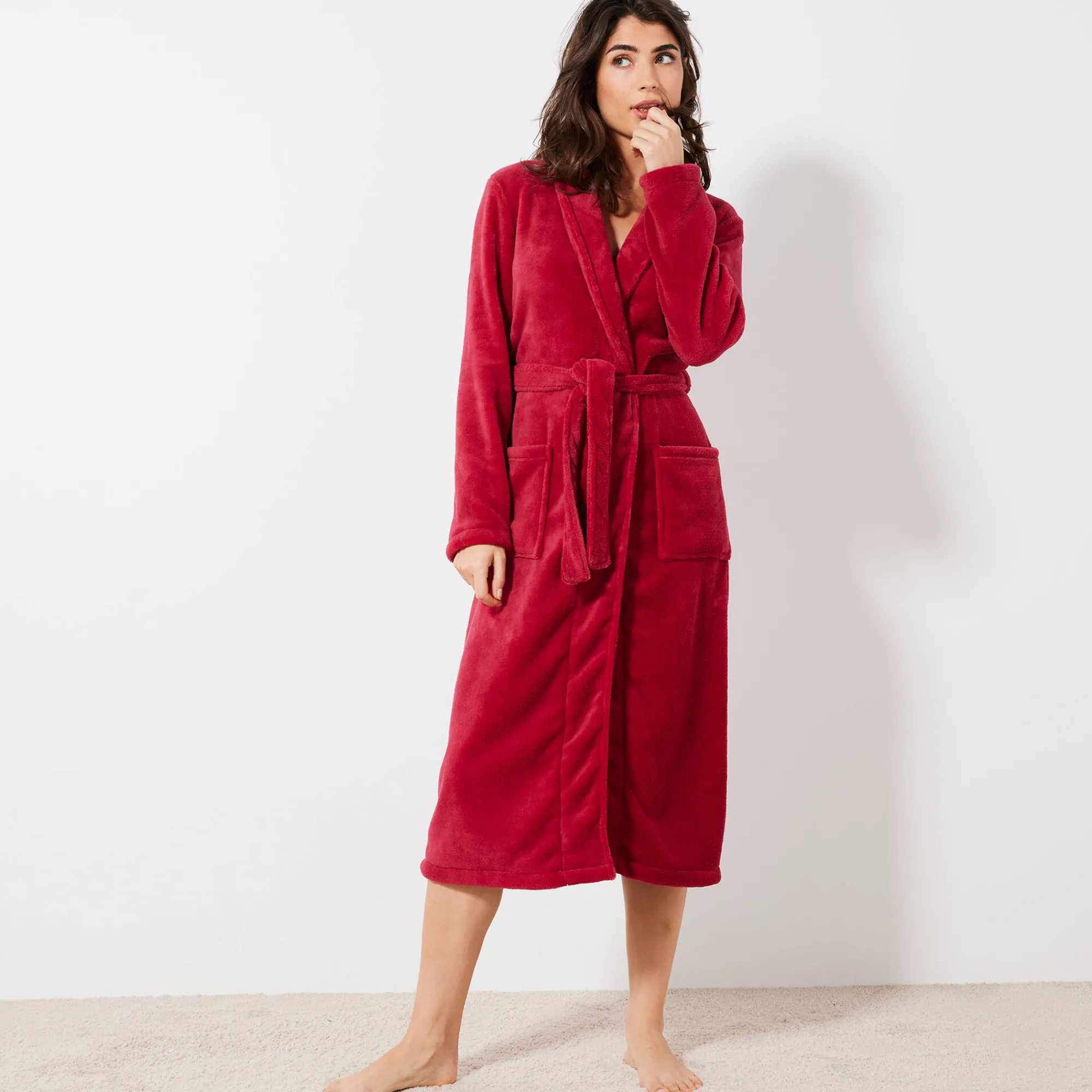 Peignoir En Kamerjas<Blancheporte Peignoir in fleece met pluchetouch - 115 cm lang, lange mouwen kersenrood