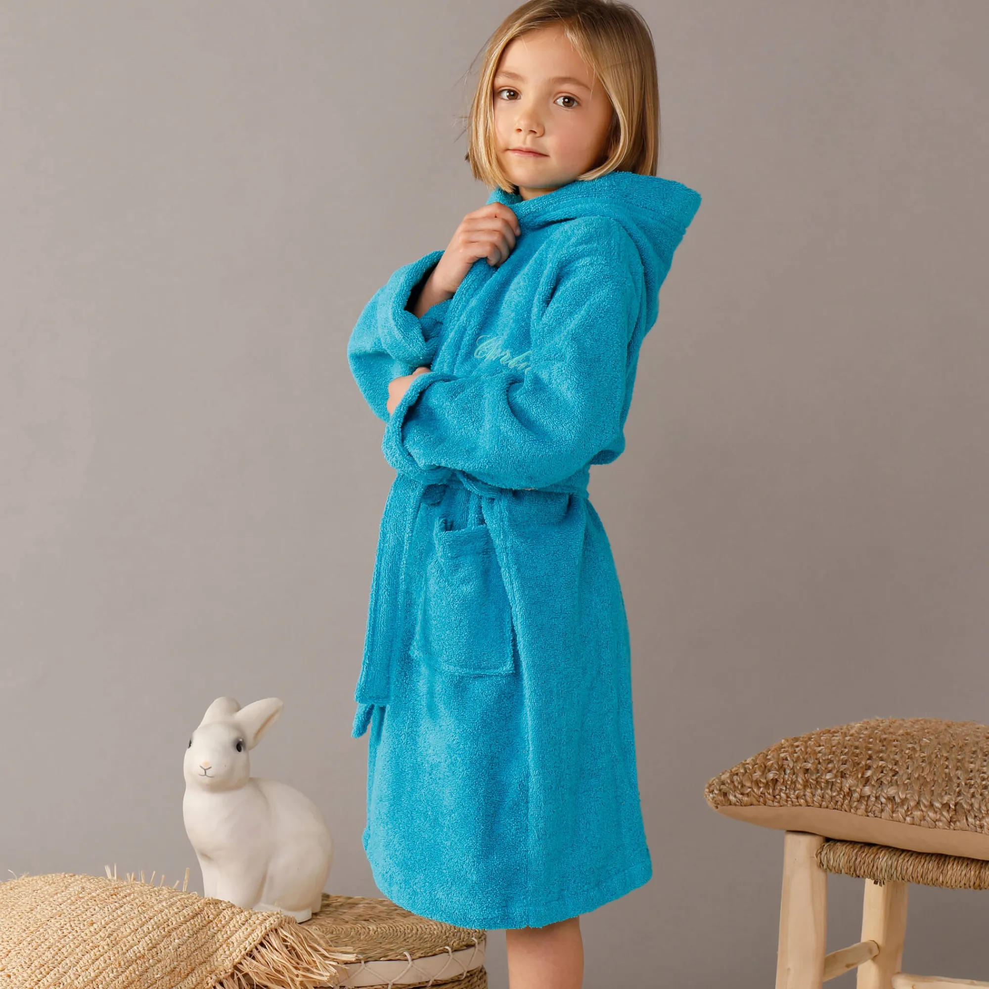 Badjas|Handdoek En Badlaken Kids<Colombine des petits Personaliseerbare badjas met kap in badstof, kinderen turkoois