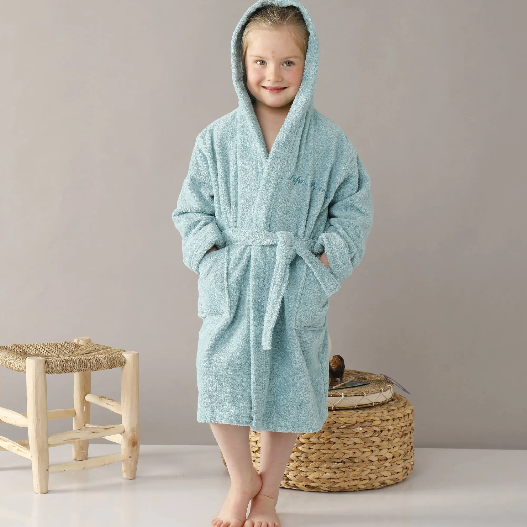 Badjas|Handdoek En Badlaken Kids<Colombine des petits Personaliseerbare badjas met kap in badstof, kinderen watergroen