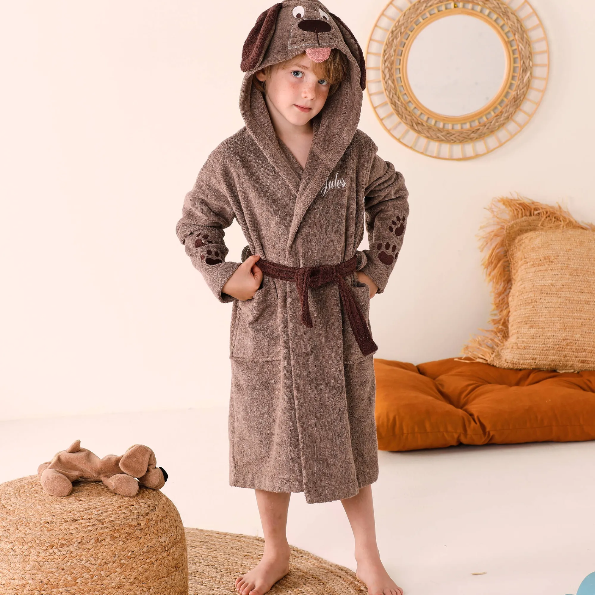 Badjas|Handdoek En Badlaken Kids<Colombine des petits Personaliseerbare "hond" kinderbadjas met kap, katoenen badstof - 340 g/m² chocolade