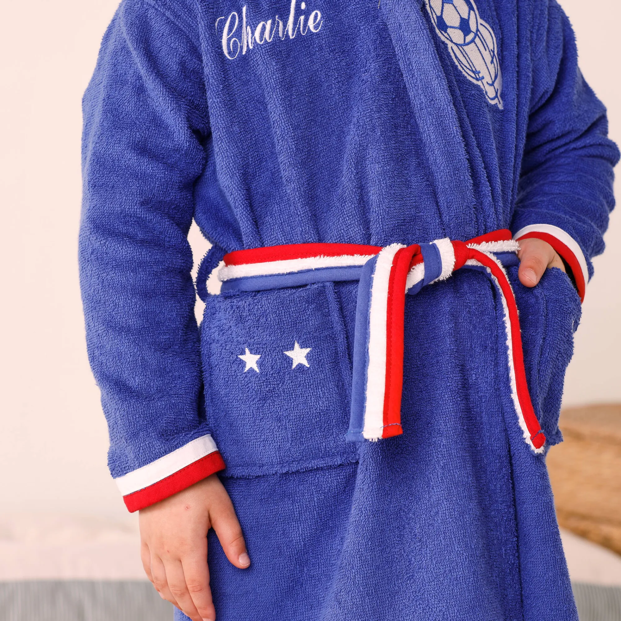 Badjas|Handdoek En Badlaken Kids<Colombine des petits Personaliseerbare "voetbal" kinderbadjas met kap, katoenen badstof - 340 g/m² felblauw