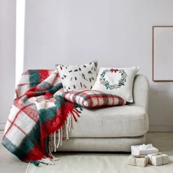 Feestdecoratie|Plaid<Blancheporte Plaid met franjes, ingeweven ruitjes ecru / rood / groen
