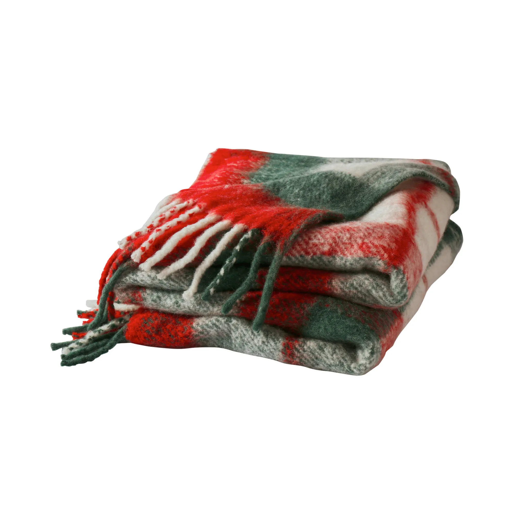 Feestdecoratie|Plaid<Blancheporte Plaid met franjes, ingeweven ruitjes ecru / rood / groen