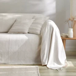 Zeildoekstof<Blancheporte Plaid of sprei, effen katoen met artisanaal weefsel ecru