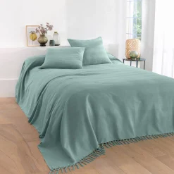 Zeildoekstof<Blancheporte Plaid of sprei, effen katoen met artisanaal weefsel celadon