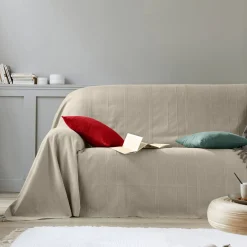 Zeildoekstof<Blancheporte Plaid of sprei, effen katoen met artisanaal weefsel vlaskleur