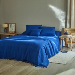 Zeildoekstof<Blancheporte Plaid of sprei, effen katoen met artisanaal weefsel blauw