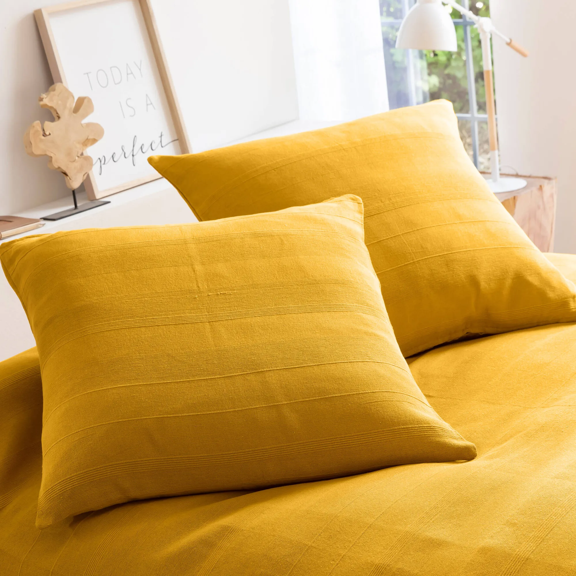 Zeildoekstof<Blancheporte Plaid of sprei, effen katoen met artisanaal weefsel kerrie