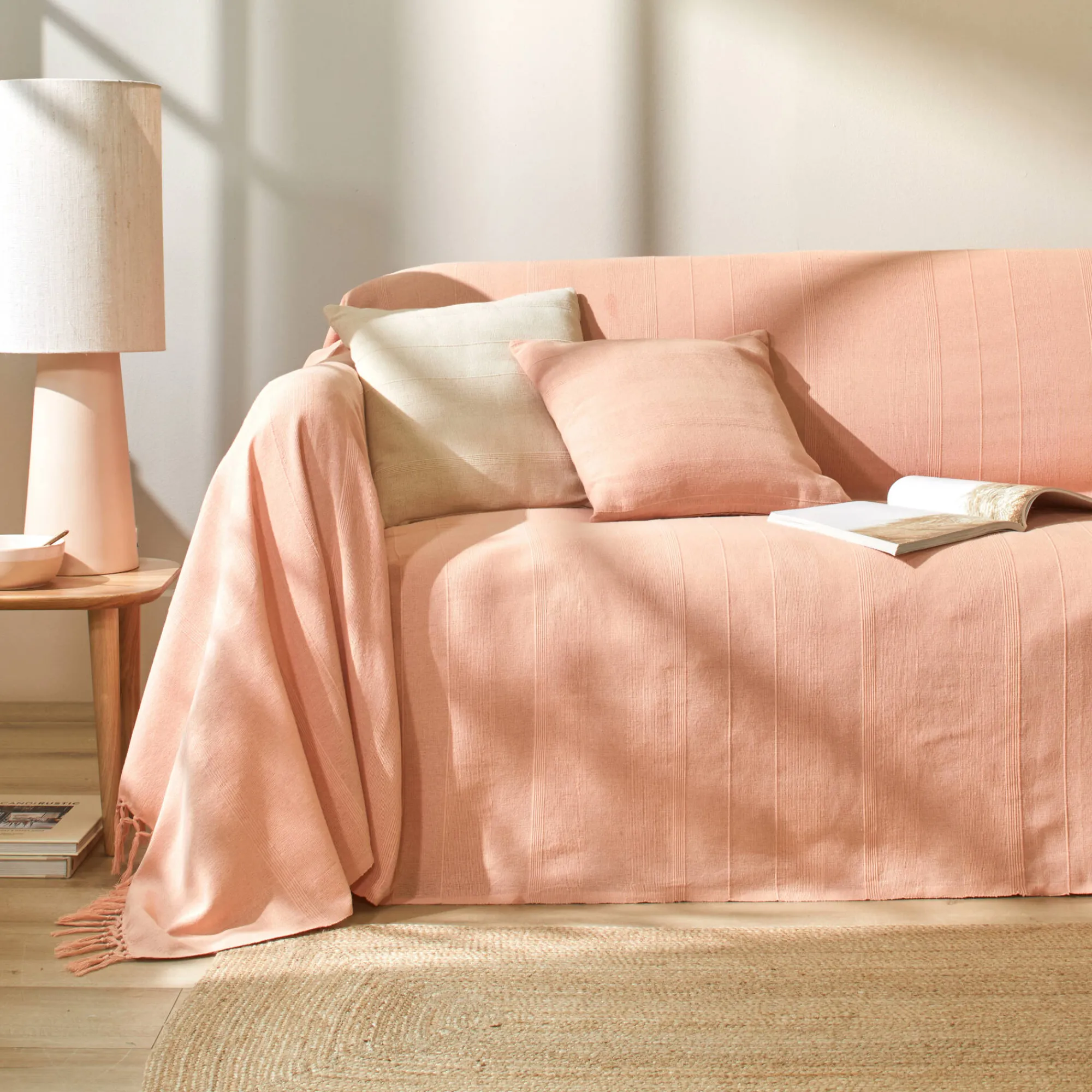 Zeildoekstof<Blancheporte Plaid of sprei, effen katoen met artisanaal weefsel roze