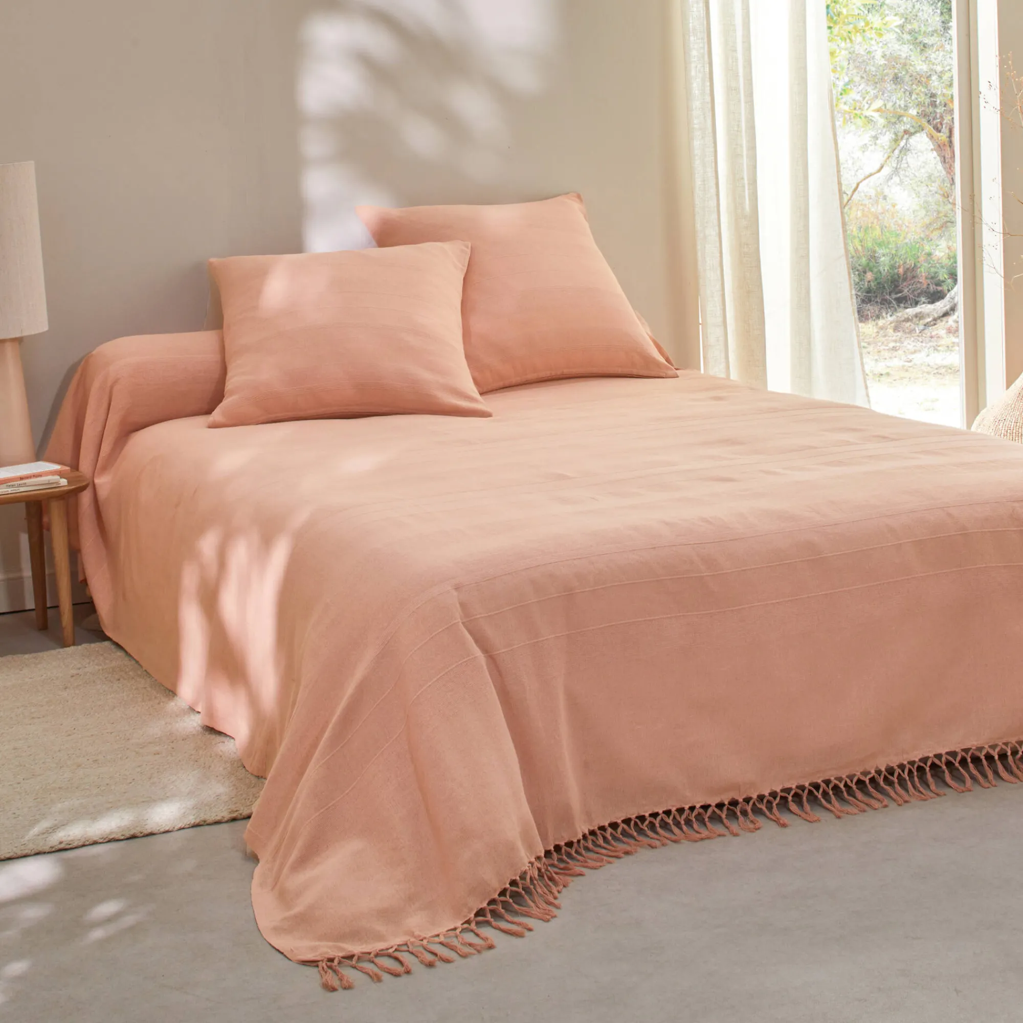Zeildoekstof<Blancheporte Plaid of sprei, effen katoen met artisanaal weefsel roze