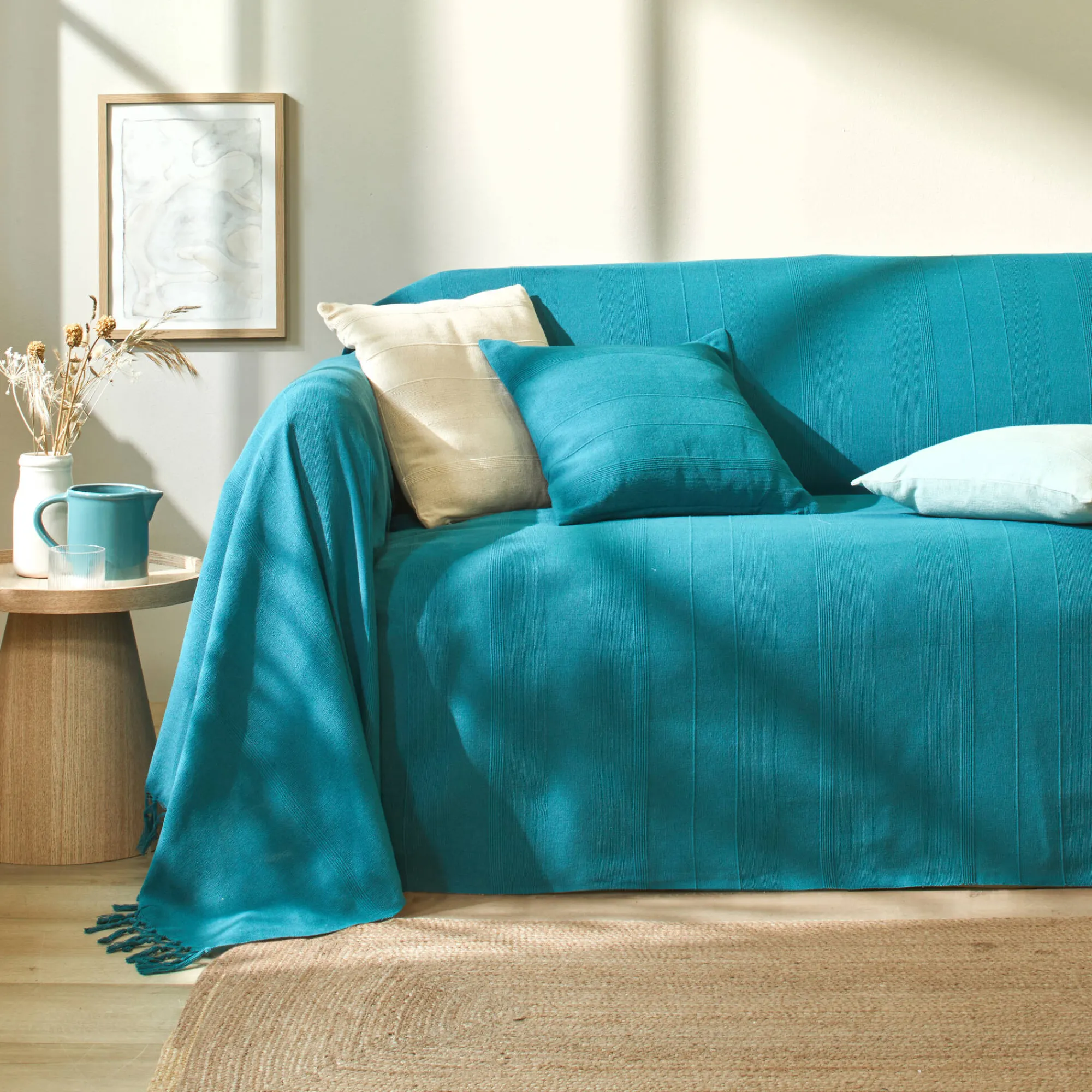 Zeildoekstof<Blancheporte Plaid of sprei, effen katoen met artisanaal weefsel eendenblauw