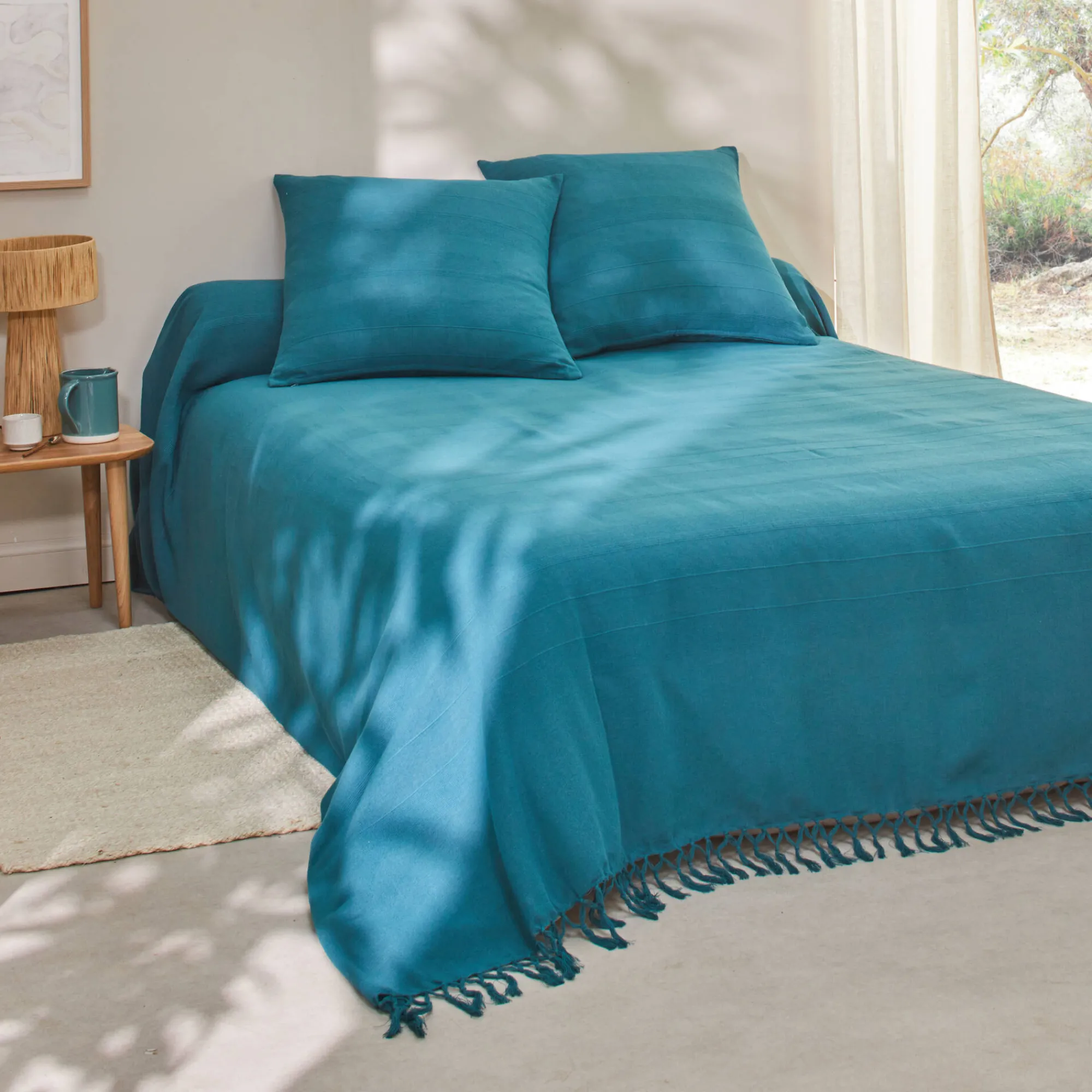 Zeildoekstof<Blancheporte Plaid of sprei, effen katoen met artisanaal weefsel eendenblauw