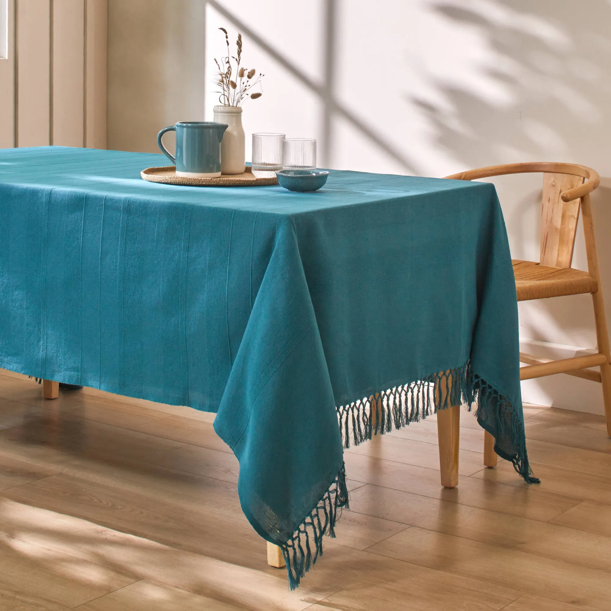 Zeildoekstof<Blancheporte Plaid of sprei, effen katoen met artisanaal weefsel eendenblauw