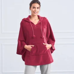 Peignoir En Kamerjas<Blancheporte Poncho in fleece met pluchetouch en kap kersenrood
