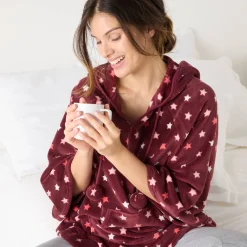 Peignoir En Kamerjas<Blancheporte Poncho in fleece met pluchetouch en kap bordeaux / koraal
