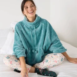 Peignoir En Kamerjas<Blancheporte Poncho in fleecetricot met textuur, opstaande kraag grijsblauw
