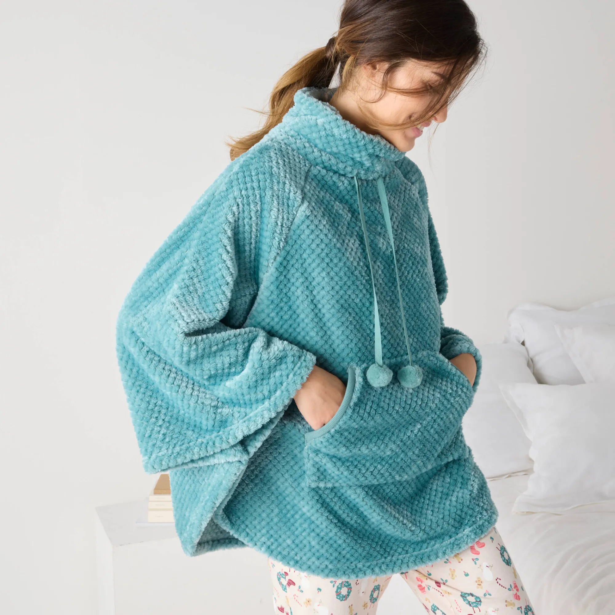 Peignoir En Kamerjas<Blancheporte Poncho in fleecetricot met textuur, opstaande kraag grijsblauw
