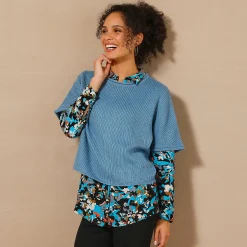 Trui En Vest<Blancheporte Ponchotrui met mouwen op ellebooglengte grijsblauw