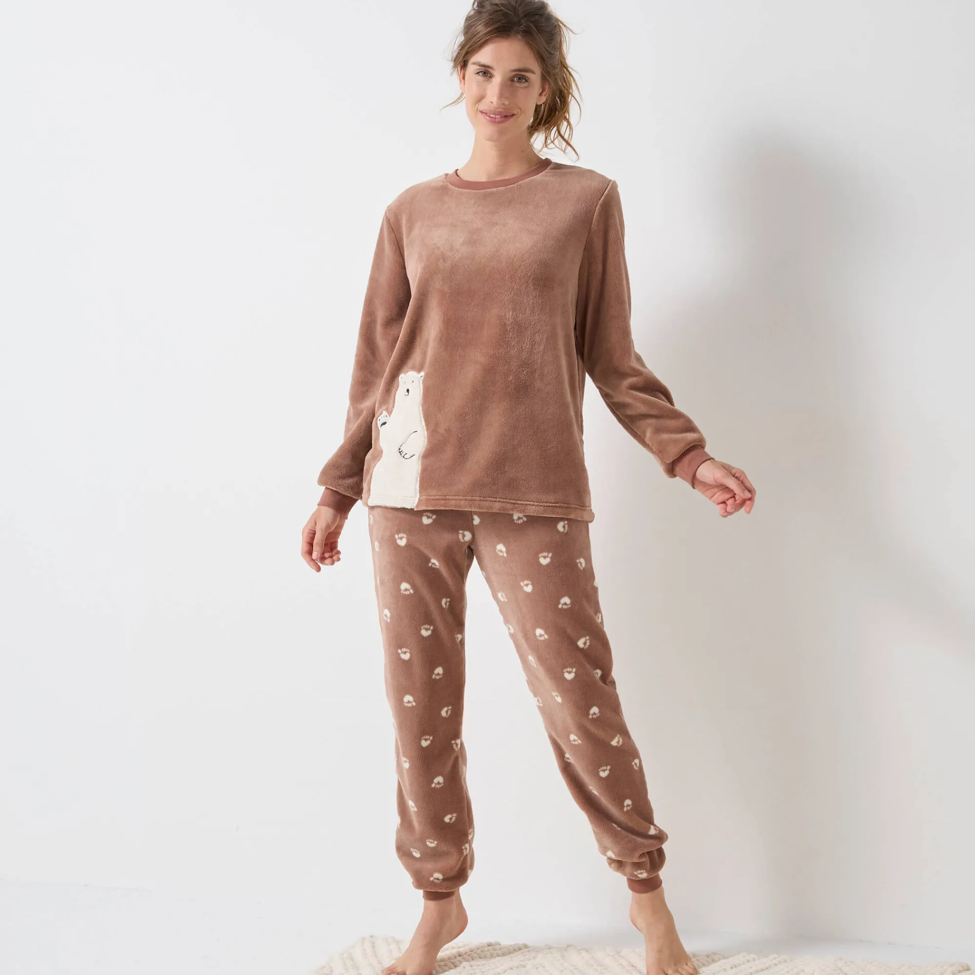 Pyjama<Blancheporte Pyjama in fleece 'ijsbeer' motief, lange mouwen karamel