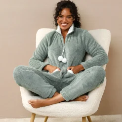 Pyjama<Blancheporte Pyjama in fleece, jasje met rits en pompons kaki / ecru