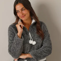 Pyjama<Blancheporte Pyjama in fleece, jasje met rits en pompons grijs / ecru