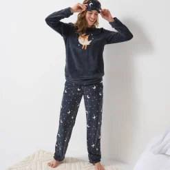 Pyjama<Blancheporte Pyjama in fleece met 'hertenkalf' print, lange mouwen + bijpassend masker leiblauw