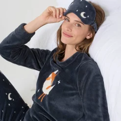 Pyjama<Blancheporte Pyjama in fleece met 'hertenkalf' print, lange mouwen + bijpassend masker leiblauw