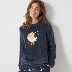Pyjama<Blancheporte Pyjama in fleece met 'hertenkalf' print, lange mouwen + bijpassend masker leiblauw