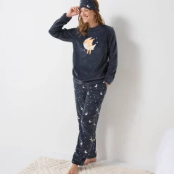 Pyjama<Blancheporte Pyjama in fleece met 'hertenkalf' print, lange mouwen + bijpassend masker leiblauw
