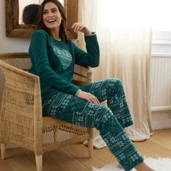 Pyjama<Blancheporte Pyjama in fleece met lange mouwen en hartprint dennengroen