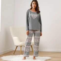 Pyjama<Blancheporte Pyjama in fleece met lange mouwen en hartprint grijs / roze