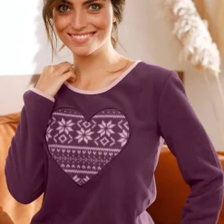 Pyjama<Blancheporte Pyjama in fleece met lange mouwen en hartprint pruim