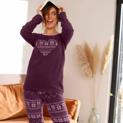 Pyjama<Blancheporte Pyjama in fleece met lange mouwen en hartprint pruim