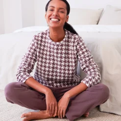 Pyjama<Blancheporte Pyjama in fleece met pied-de-coq print donkertaupe