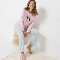 Pyjama<Blancheporte Pyjama in fleece met 'pinguïn' motief, lange mouwen roze / grijs