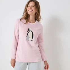 Pyjama<Blancheporte Pyjama in fleece met 'pinguïn' motief, lange mouwen roze / grijs