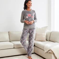Pyjama<Blancheporte Pyjama in fleece met pluchetouch grijs / roze