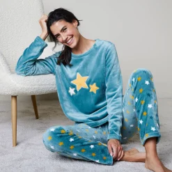 Pyjama<Blancheporte Pyjama in fleece met pluchetouch grijsblauw