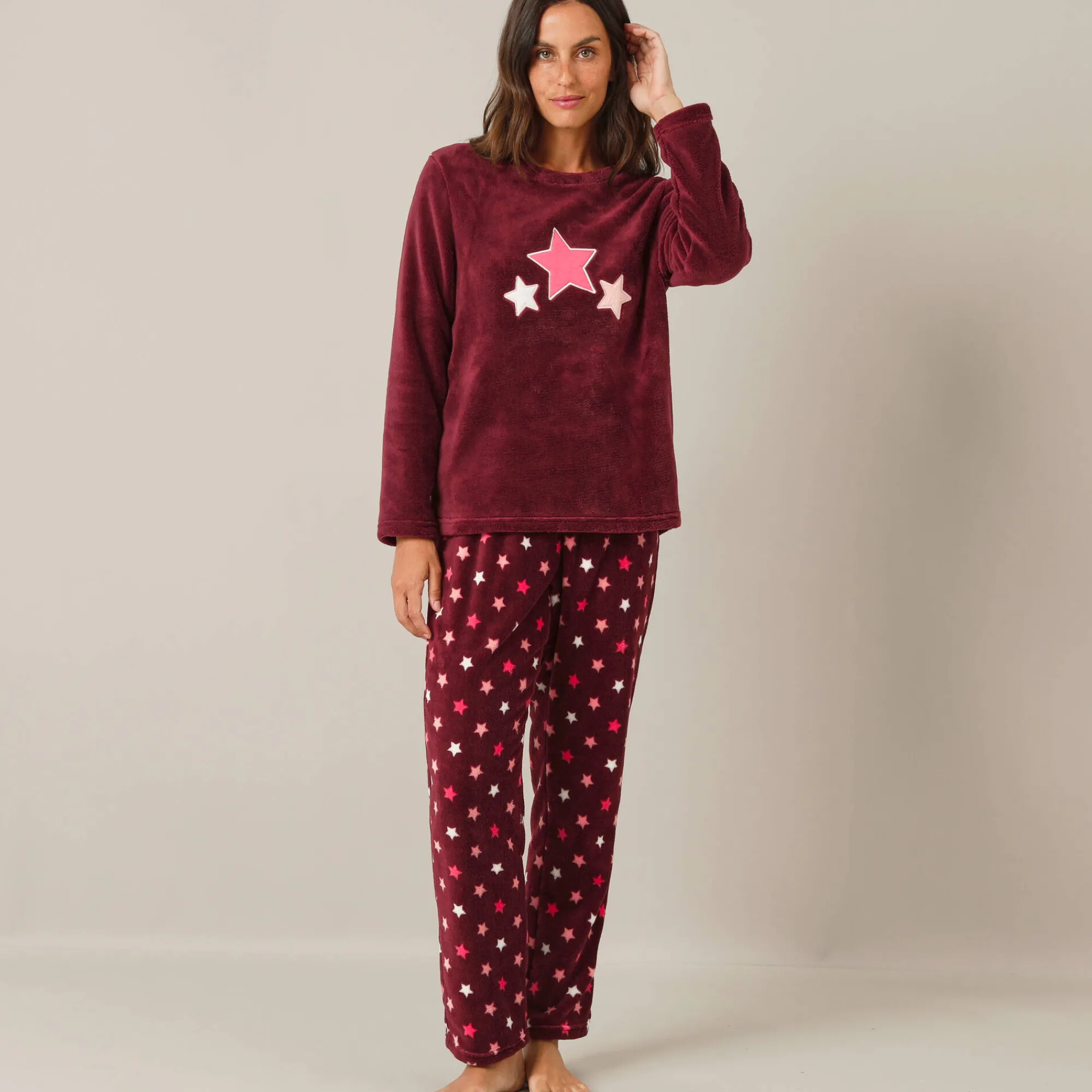 Pyjama<Blancheporte Pyjama in fleece met pluchetouch bordeaux / koraal