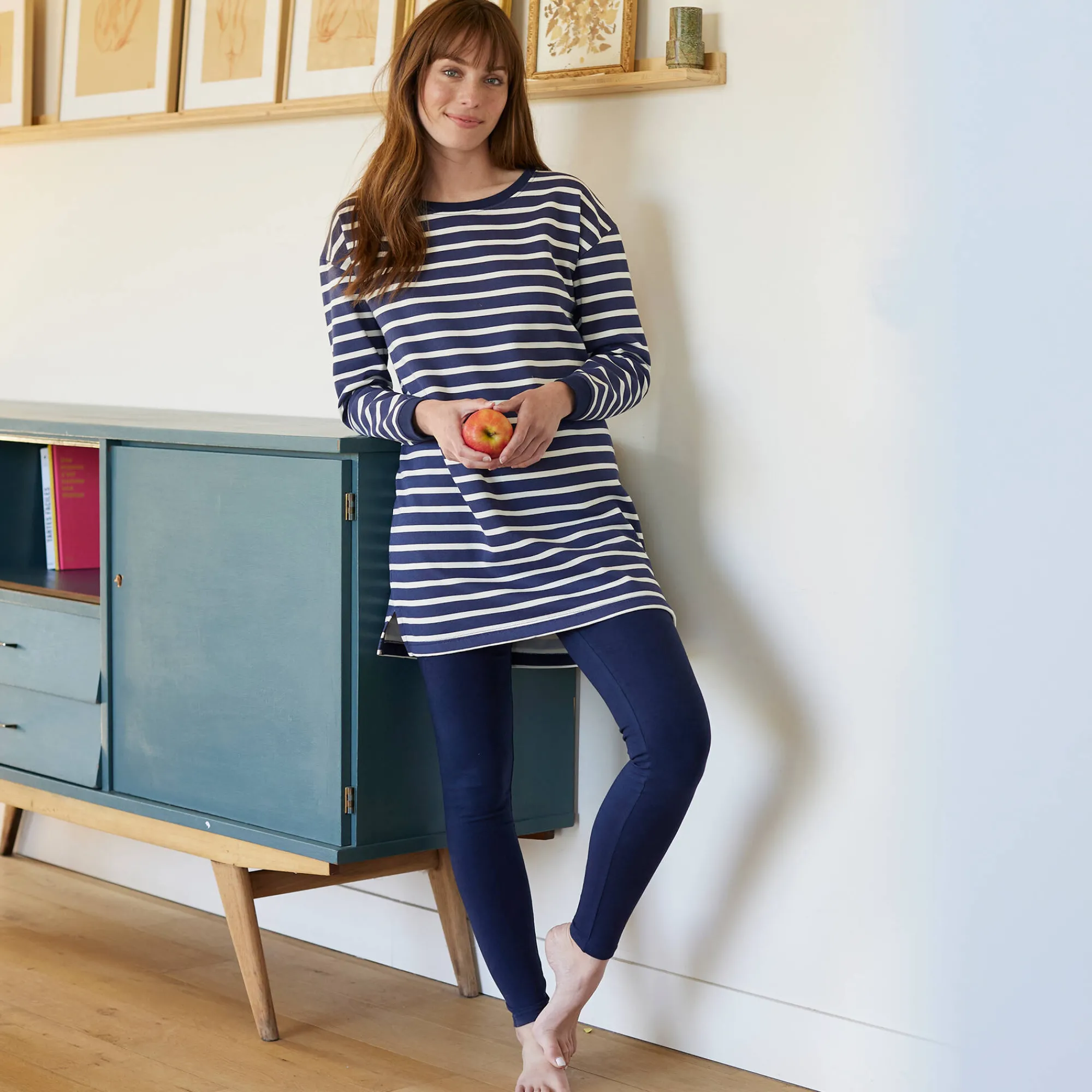 Pyjama<Blancheporte Pyjama in gestreept molton met legging marine / ecru
