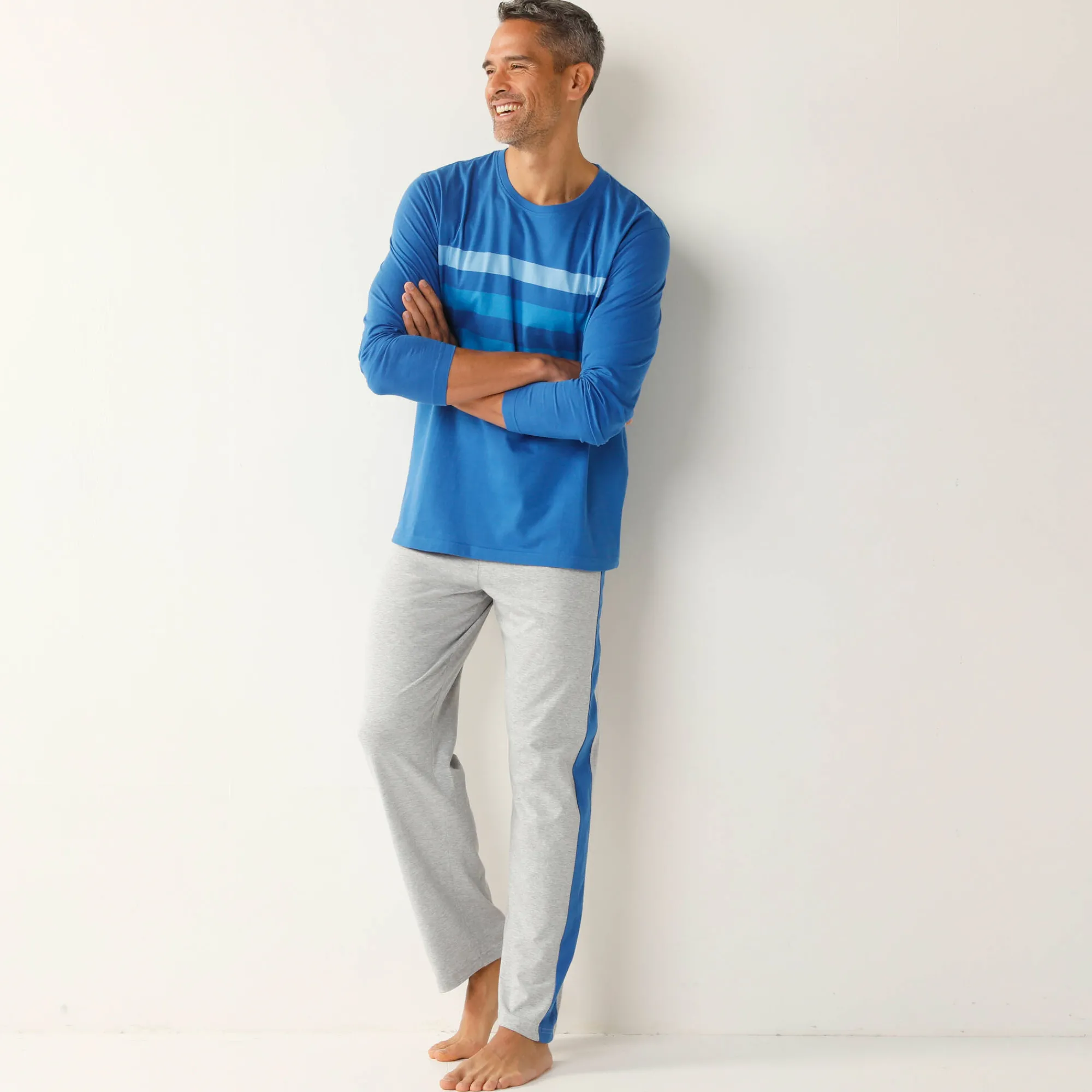 Pyjama En Kamerjas<Blancheporte Pyjama in katoen, geplaatste strepen, ronde hals blauw / grijs
