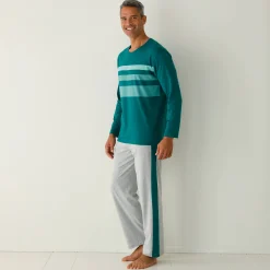 Pyjama En Kamerjas<Blancheporte Pyjama in katoen, geplaatste strepen, ronde hals groen / grijs