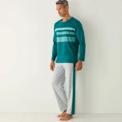 Pyjama En Kamerjas<Blancheporte Pyjama in katoen, geplaatste strepen, ronde hals groen / grijs